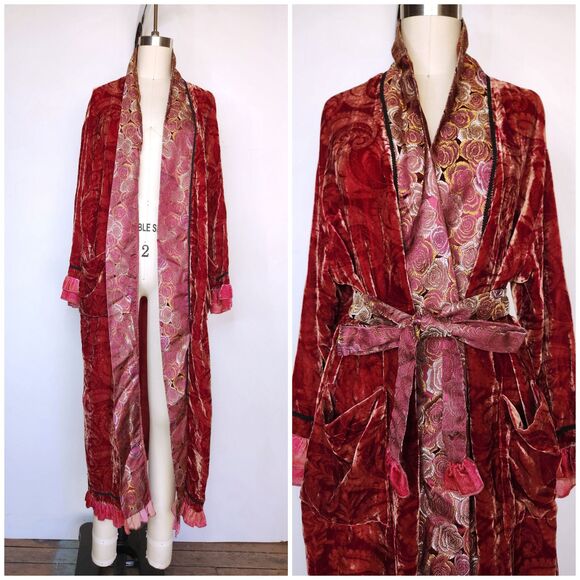Vintage Velvet Silk Robe Duster Layering - Romantic Long Floral Layering XS S - Picture 1 of 10